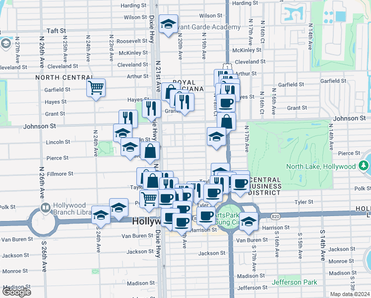 map of restaurants, bars, coffee shops, grocery stores, and more near 1943 Buchanan Street in Hollywood