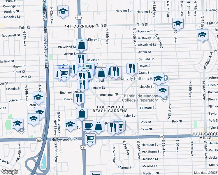 map of restaurants, bars, coffee shops, grocery stores, and more near in Hollywood