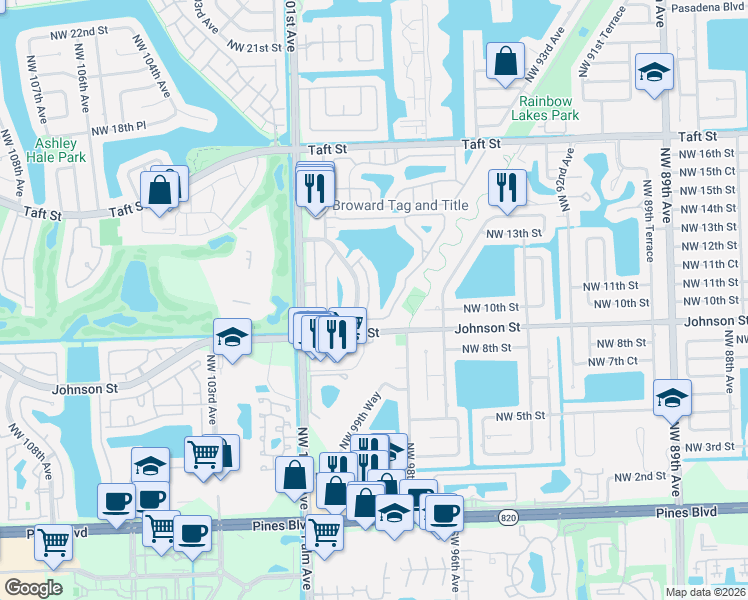 map of restaurants, bars, coffee shops, grocery stores, and more near 1177 Northwest 98th Terrace in Pembroke Pines