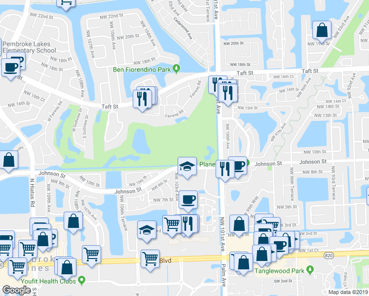 map of restaurants, bars, coffee shops, grocery stores, and more near 1000 Saint Charles Place in Pembroke Pines