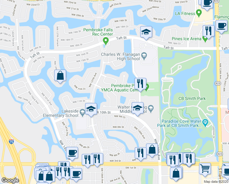 map of restaurants, bars, coffee shops, grocery stores, and more near 1303 Northwest 133rd Avenue in Pembroke Pines