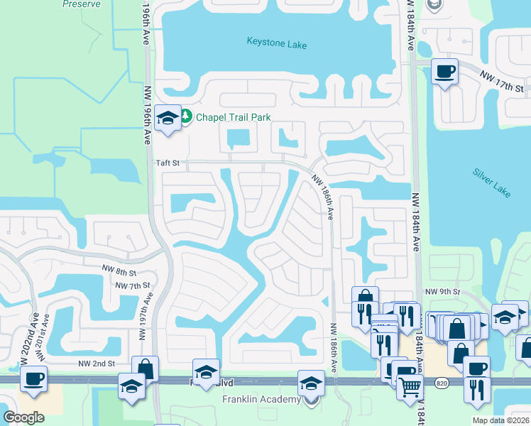 map of restaurants, bars, coffee shops, grocery stores, and more near 1273 Northwest 192nd Terrace in Pembroke Pines