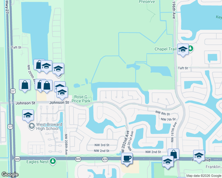 map of restaurants, bars, coffee shops, grocery stores, and more near 20211 Northwest 10th Street in Pembroke Pines