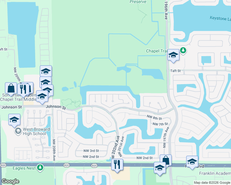 map of restaurants, bars, coffee shops, grocery stores, and more near 20165 Northwest 10th Street in Pembroke Pines