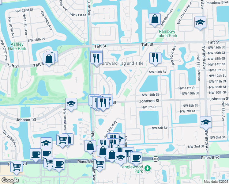 map of restaurants, bars, coffee shops, grocery stores, and more near 1177 Northwest 98th Terrace in Pembroke Pines