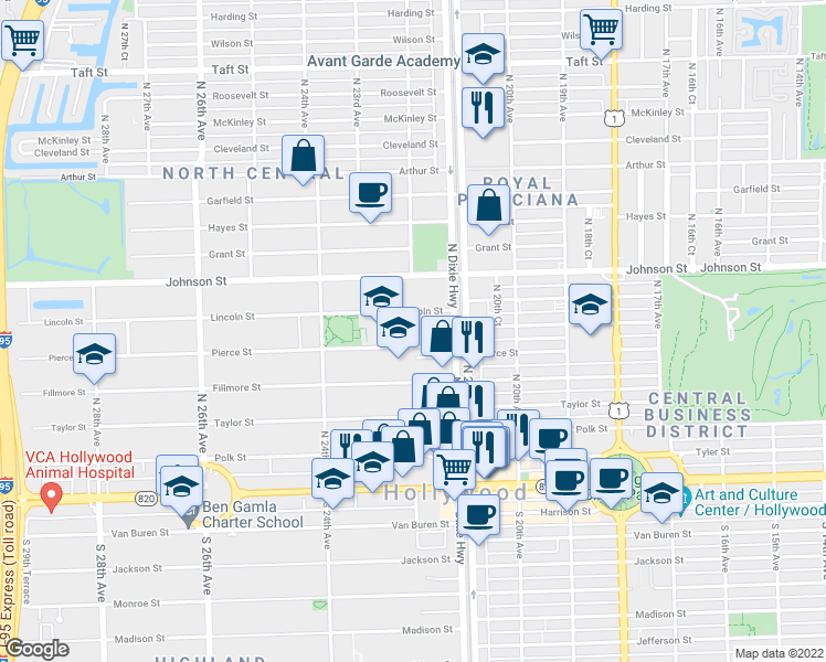 map of restaurants, bars, coffee shops, grocery stores, and more near 2125 Liberty Street in Hollywood