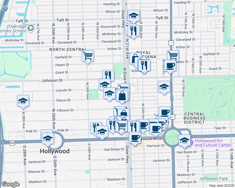 map of restaurants, bars, coffee shops, grocery stores, and more near 2144 Lincoln Street in Hollywood