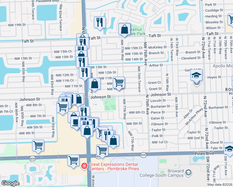 map of restaurants, bars, coffee shops, grocery stores, and more near 7791 Northwest 10th Street in Pembroke Pines