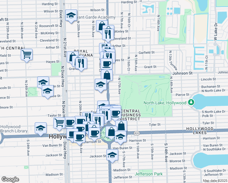 map of restaurants, bars, coffee shops, grocery stores, and more near 1704 Buchanan Street in Hollywood