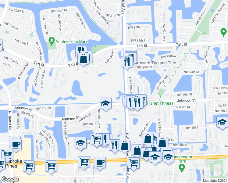 map of restaurants, bars, coffee shops, grocery stores, and more near 1200 Saint Charles Place in Pembroke Pines