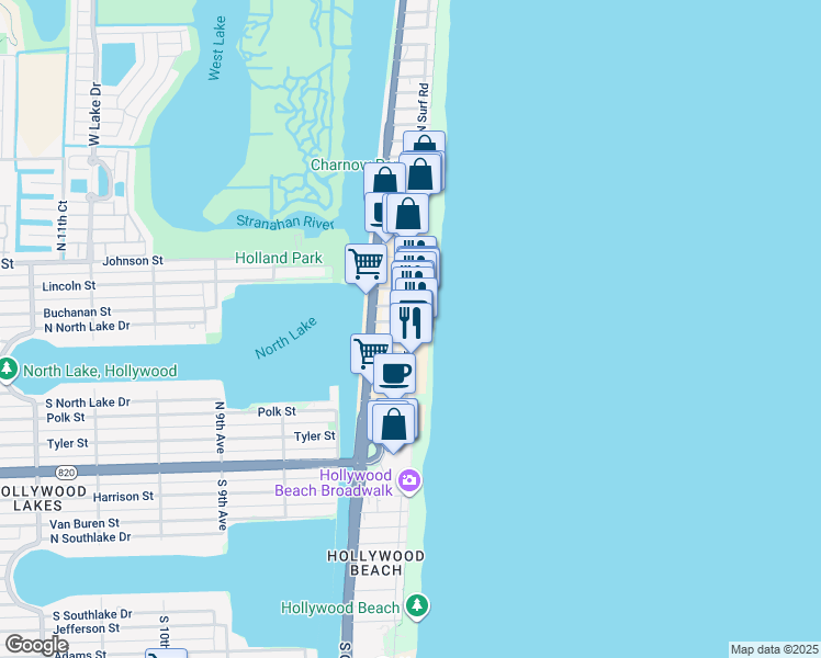 map of restaurants, bars, coffee shops, grocery stores, and more near 911 North Surf Road in Hollywood