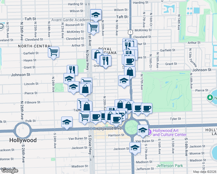 map of restaurants, bars, coffee shops, grocery stores, and more near 1943 Buchanan Street in Hollywood