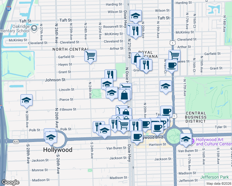 map of restaurants, bars, coffee shops, grocery stores, and more near 2144 Lincoln Street in Hollywood