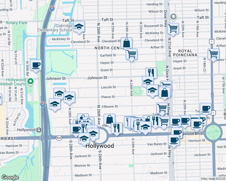 map of restaurants, bars, coffee shops, grocery stores, and more near 2459 Lincoln Street in Hollywood