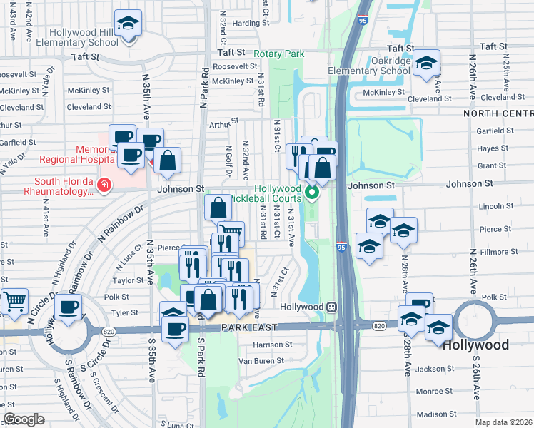 map of restaurants, bars, coffee shops, grocery stores, and more near 806 North 31st Road in Hollywood