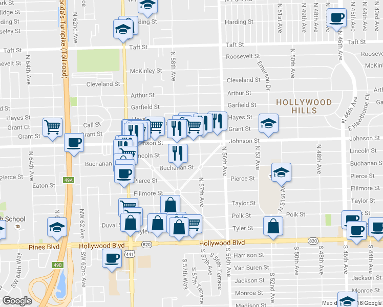 map of restaurants, bars, coffee shops, grocery stores, and more near 5700 Johnson Street in Hollywood