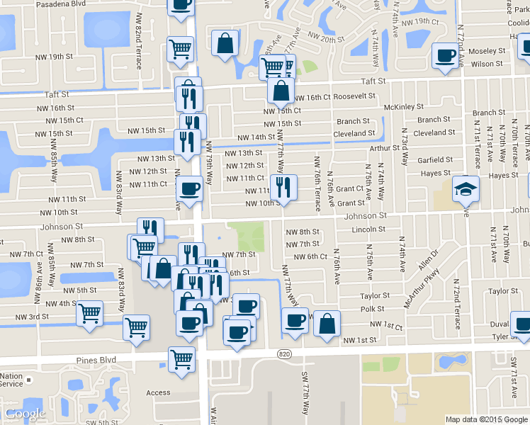 map of restaurants, bars, coffee shops, grocery stores, and more near 7791 Northwest 10th Street in Pembroke Pines