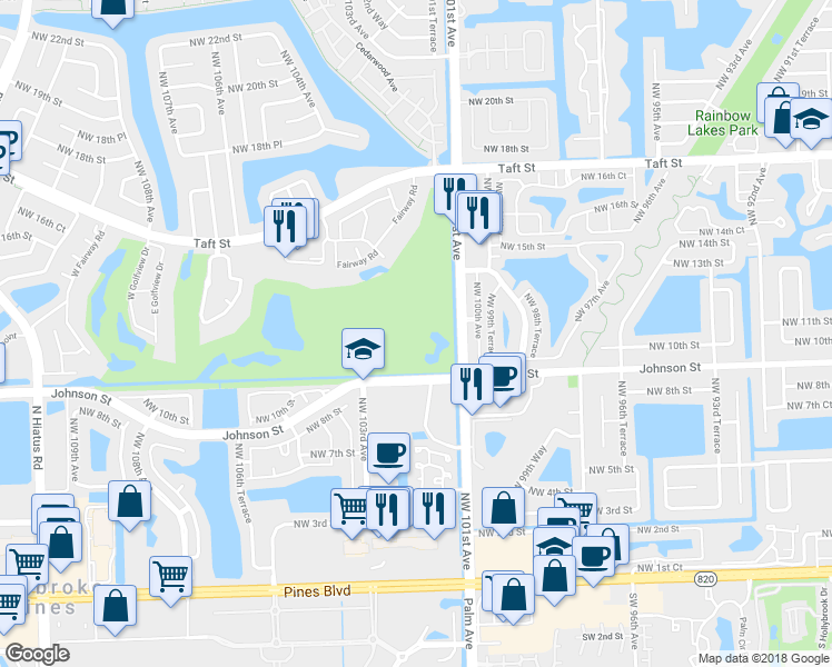 map of restaurants, bars, coffee shops, grocery stores, and more near 1200 Saint Charles Place in Pembroke Pines