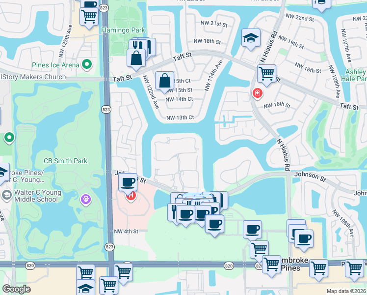 map of restaurants, bars, coffee shops, grocery stores, and more near 11836 Northwest 13th Street in Pembroke Pines