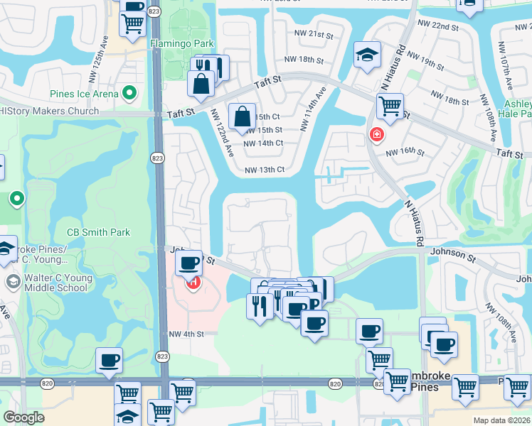 map of restaurants, bars, coffee shops, grocery stores, and more near 11836 Northwest 13th Street in Pembroke Pines
