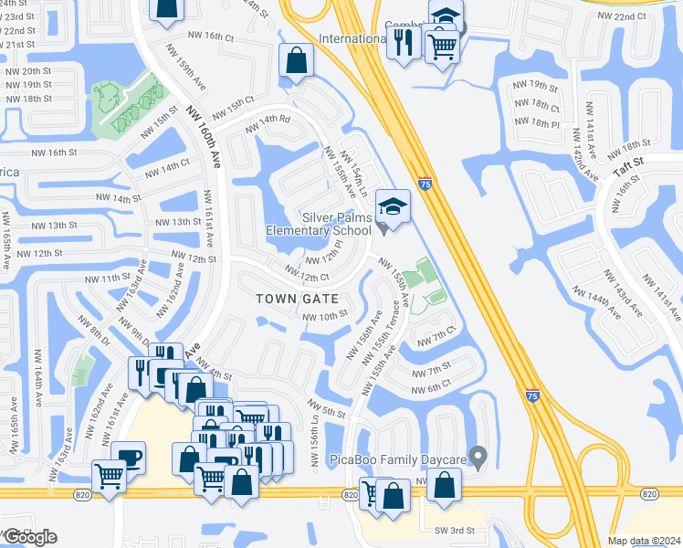 map of restaurants, bars, coffee shops, grocery stores, and more near 15586 Northwest 12th Place in Pembroke Pines