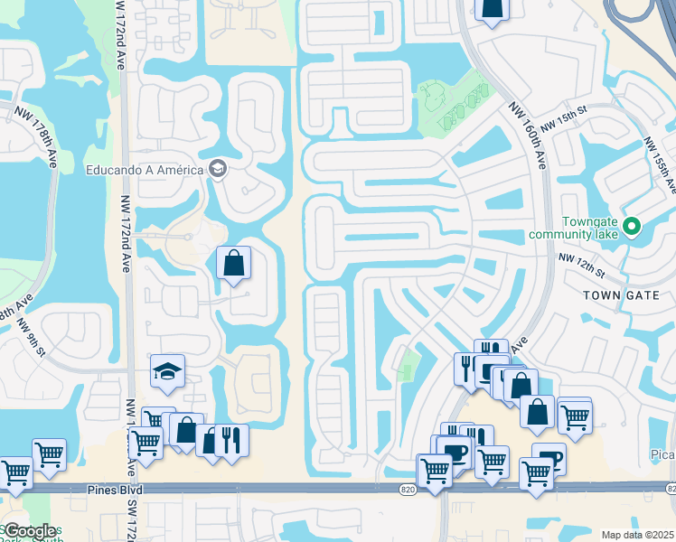 map of restaurants, bars, coffee shops, grocery stores, and more near 1187 Northwest 165th Avenue in Pembroke Pines