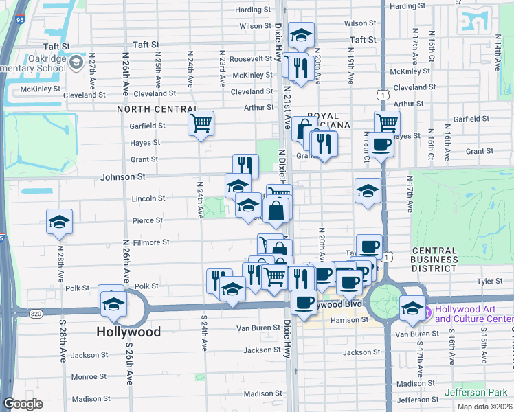 map of restaurants, bars, coffee shops, grocery stores, and more near 2144 Lincoln Street in Hollywood