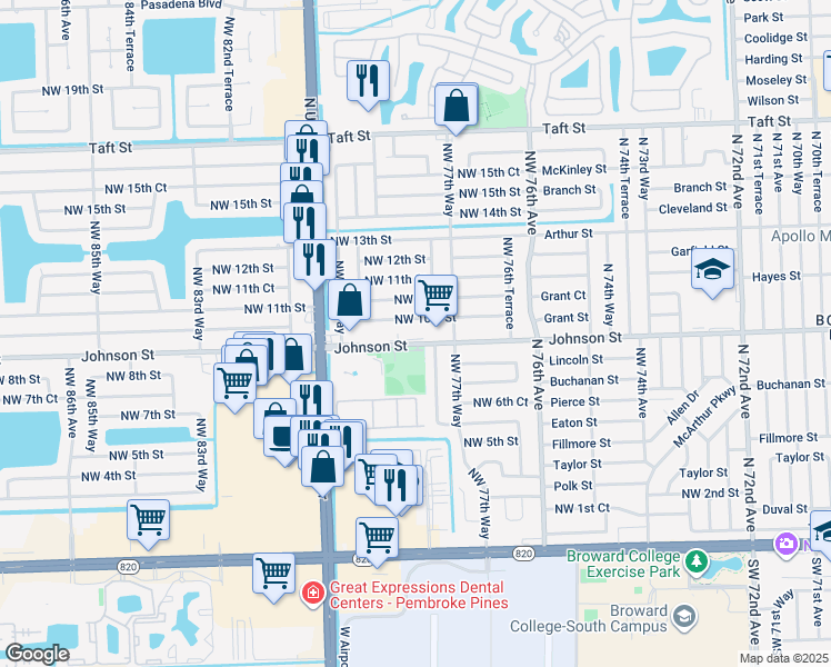 map of restaurants, bars, coffee shops, grocery stores, and more near 7841 Johnson Street in Pembroke Pines