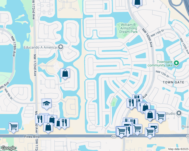map of restaurants, bars, coffee shops, grocery stores, and more near 1187 Northwest 165th Avenue in Pembroke Pines