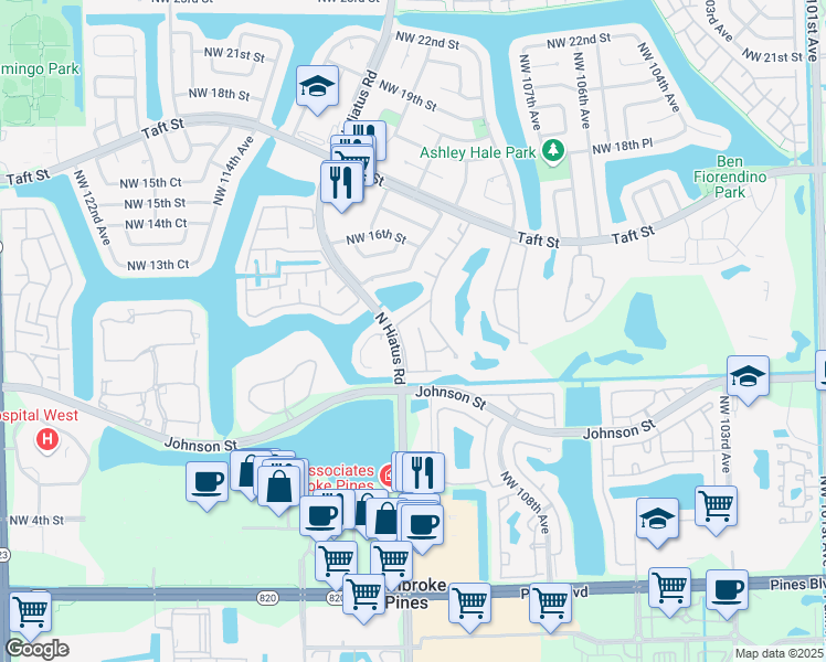 map of restaurants, bars, coffee shops, grocery stores, and more near 1180 Windward Drive in Pembroke Pines