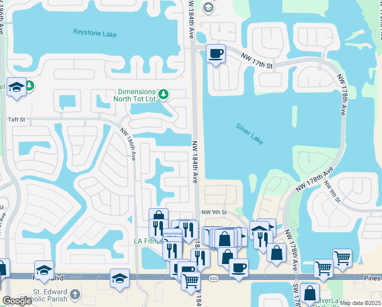 map of restaurants, bars, coffee shops, grocery stores, and more near 1261 Northwest 184th Terrace in Pembroke Pines