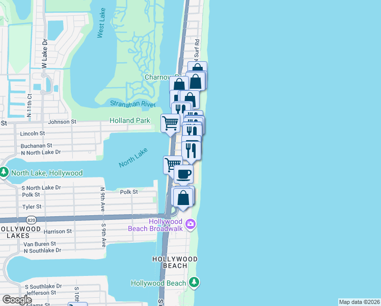 map of restaurants, bars, coffee shops, grocery stores, and more near 911 North Surf Road in Hollywood