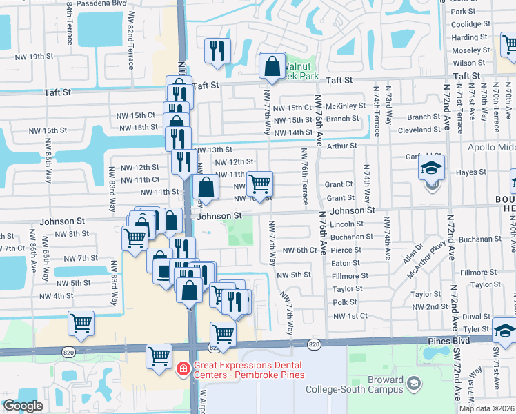 map of restaurants, bars, coffee shops, grocery stores, and more near 7791 Northwest 10th Street in Pembroke Pines