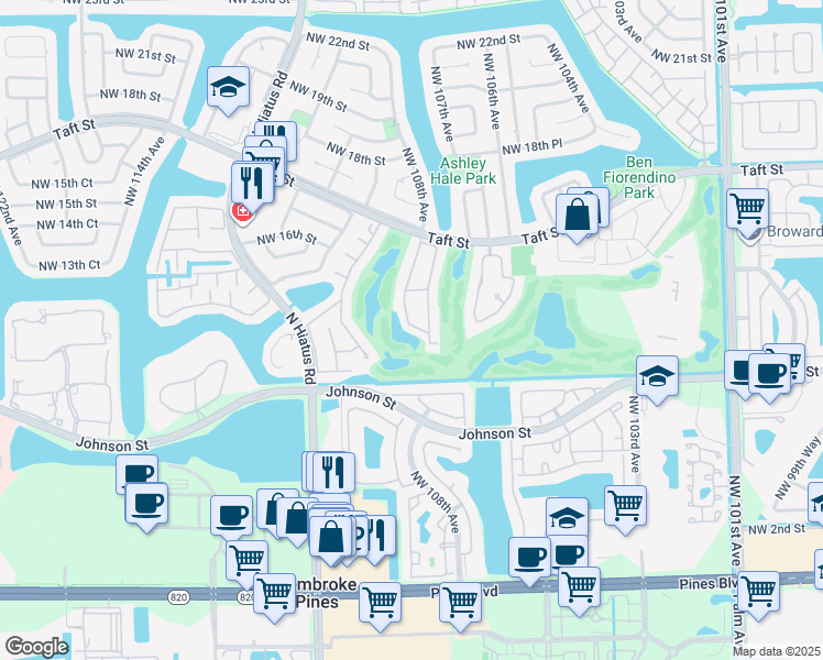 map of restaurants, bars, coffee shops, grocery stores, and more near 1340 East Golfview Drive in Pembroke Pines