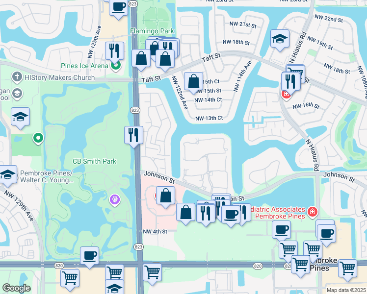 map of restaurants, bars, coffee shops, grocery stores, and more near 12070 Northwest 13th Street in Pembroke Pines