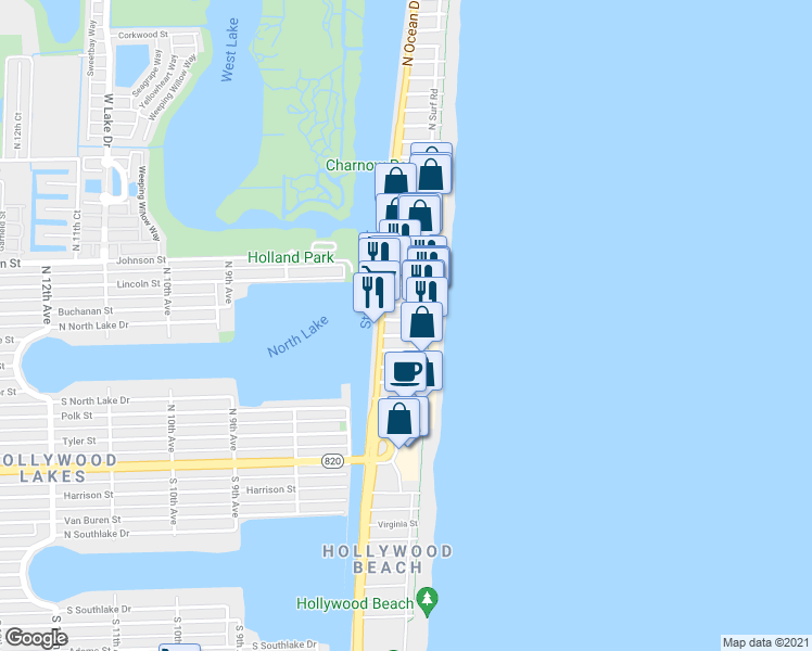 map of restaurants, bars, coffee shops, grocery stores, and more near 335 Indiana Street in Hollywood