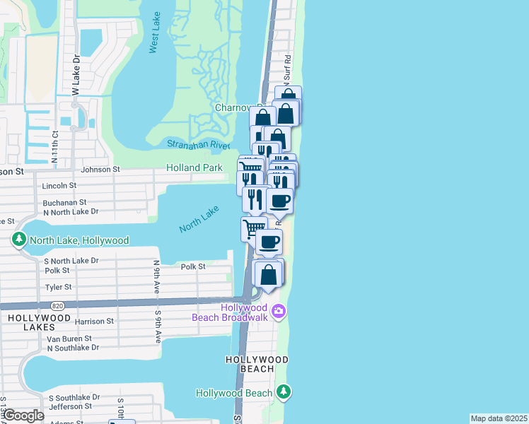 map of restaurants, bars, coffee shops, grocery stores, and more near 335 Indiana Street in Hollywood