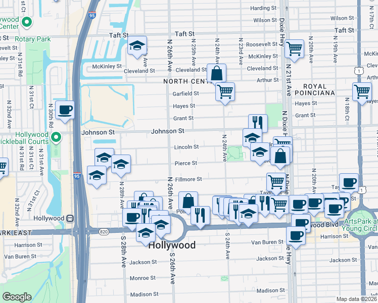 map of restaurants, bars, coffee shops, grocery stores, and more near 2459 Lincoln Street in Hollywood