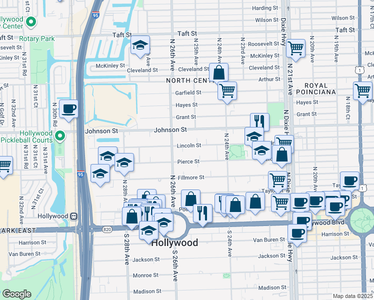 map of restaurants, bars, coffee shops, grocery stores, and more near 2535 Lincoln Street in Hollywood