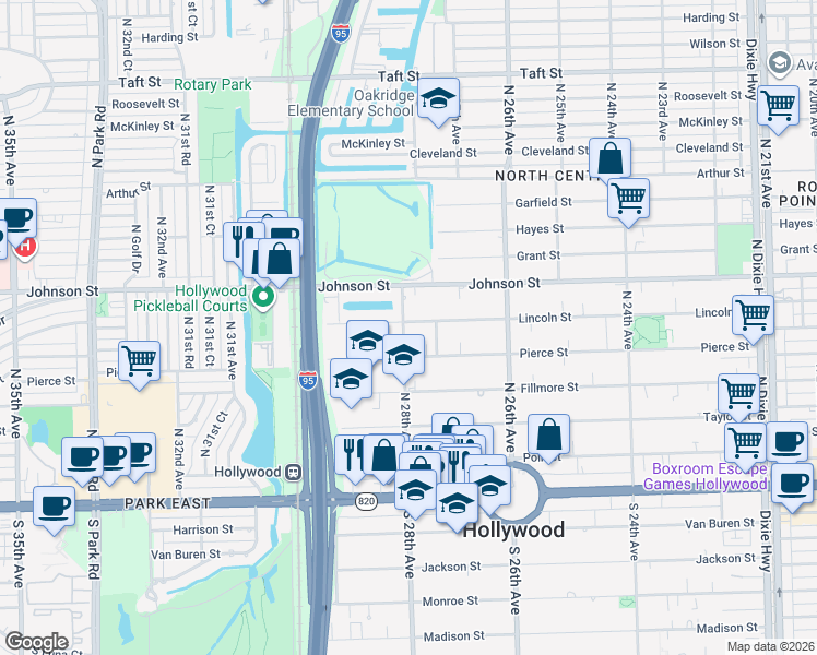 map of restaurants, bars, coffee shops, grocery stores, and more near 2739 Lincoln Street in Hollywood