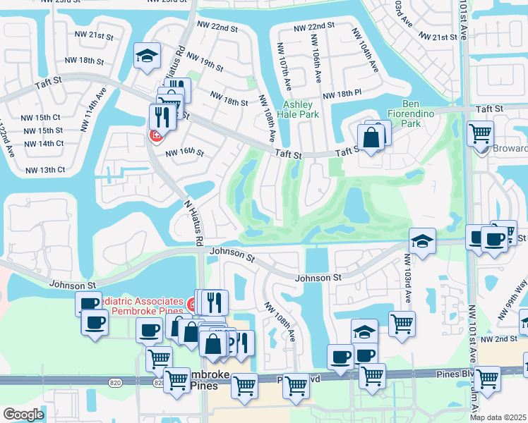 map of restaurants, bars, coffee shops, grocery stores, and more near 1340 East Golfview Drive in Pembroke Pines