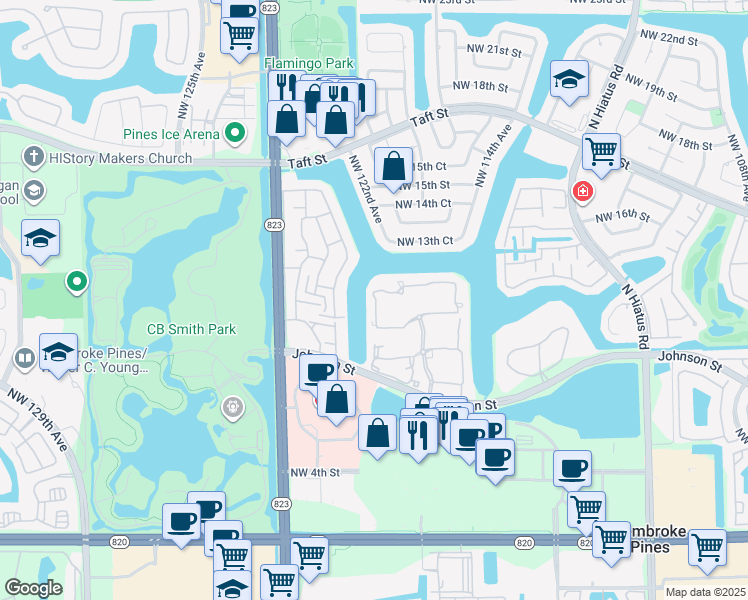 map of restaurants, bars, coffee shops, grocery stores, and more near 12070 Northwest 13th Street in Pembroke Pines