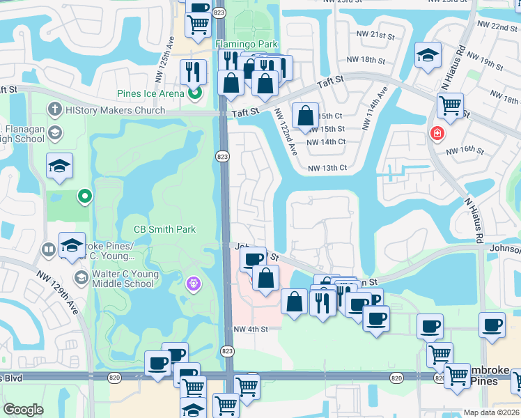 map of restaurants, bars, coffee shops, grocery stores, and more near 1224 Northwest 122nd Terrace in Pembroke Pines