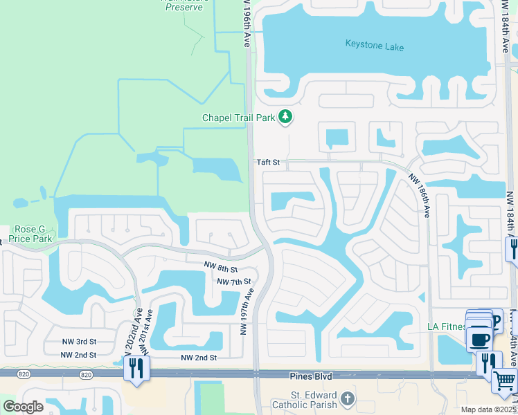 map of restaurants, bars, coffee shops, grocery stores, and more near 1222 Northwest 195th Avenue in Pembroke Pines