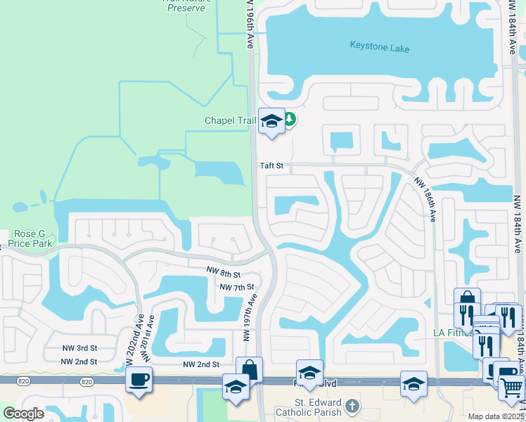 map of restaurants, bars, coffee shops, grocery stores, and more near 1222 Northwest 195th Avenue in Pembroke Pines