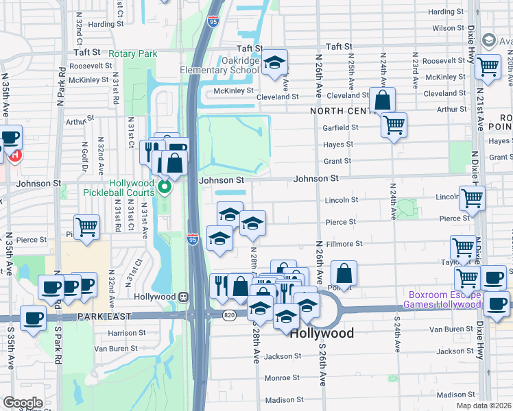 map of restaurants, bars, coffee shops, grocery stores, and more near 2739 Lincoln Street in Hollywood