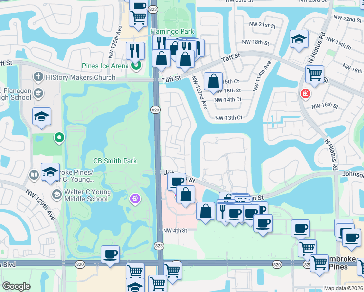 map of restaurants, bars, coffee shops, grocery stores, and more near 1224 Northwest 122nd Terrace in Pembroke Pines
