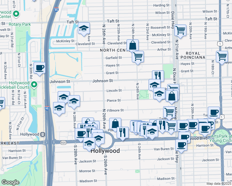 map of restaurants, bars, coffee shops, grocery stores, and more near 2459 Lincoln Street in Hollywood