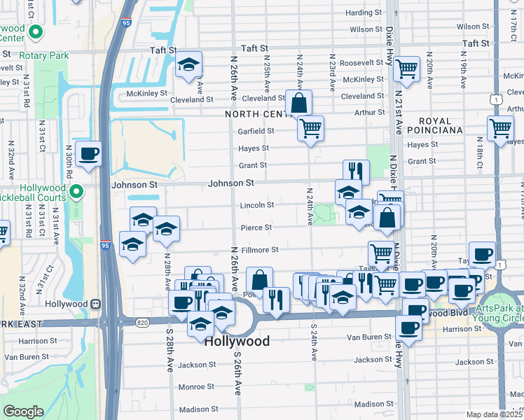 map of restaurants, bars, coffee shops, grocery stores, and more near 2508 Lincoln Street in Hollywood