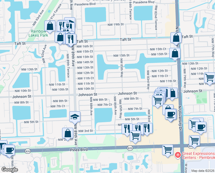 map of restaurants, bars, coffee shops, grocery stores, and more near 8640 Northwest 11th Street in Pembroke Pines
